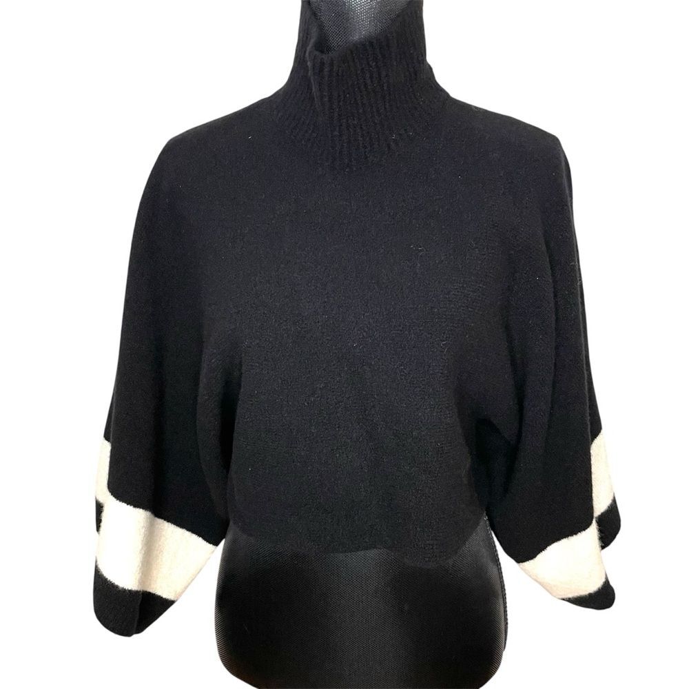 Black Turtleneck Batwing Sweater with Cream Sleeve Accents